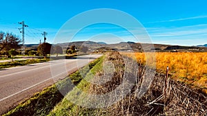 Tranquil country road runs through lush green fields and majestic mountains in the background