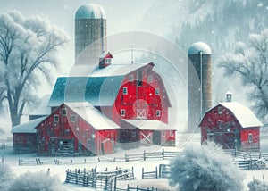 Tranquil Country Snowfall Scene Red Barn Farming Landscape Winter Canada AI Generated