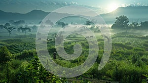 Tranquil countryside morning farmer, cows, misty ambiance in high res narrative imagery