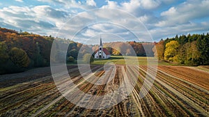 Tranquil countryside vista with ploughed fields, forest, and distant island church view