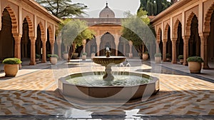 A tranquil courtyard with a central fountain in a mosque