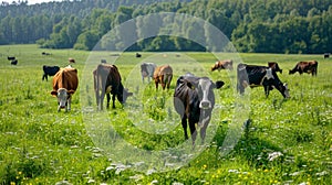 Tranquil cows leisurely grazing on the rich green pastures of the picturesque countryside photo