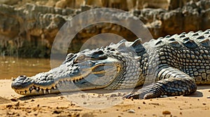 Tranquil crocodile leisurely basking by the serene riverbank, creating a peaceful scene photo