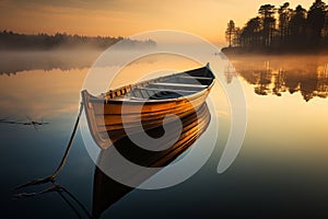 Tranquil dawn serene solitude of a wooden boat on a reflective lake amidst peaceful nature