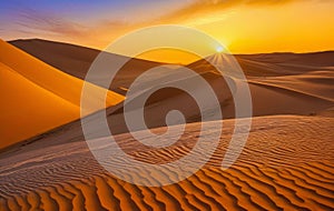 Tranquil Desert Landscape at Sunset with Orange Sky and Sand Dunes