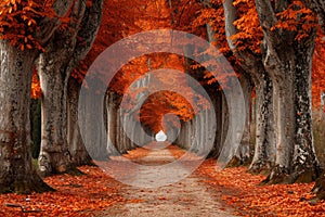 A tranquil dirt road adorned with striking orange leaves, nestled amidst a picturesque forest of trees, A beautiful alley