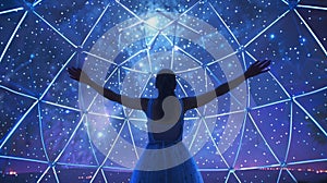 In a tranquil dome a woman stretches out her arms and tilts her head towards the sky embracing the positive energy of