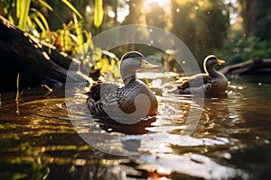 Tranquil Ducks in Sunlit Pond: Serene Nature Photography