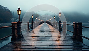 Tranquil dusk, foggy night, illuminated bridge, reflecting cityscape in water generated by AI