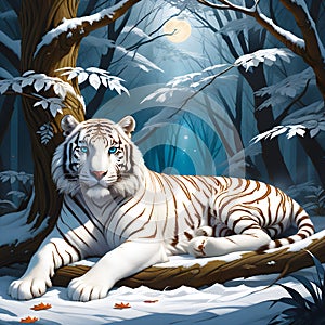 Tranquil elegance of a white tiger, serenely lounging atop a rugged snow block