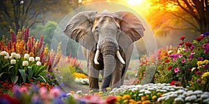 Tranquil Elephant in a Vibrant Floral Oasis A Serene Wildlife Scene for Desktop or Print photo