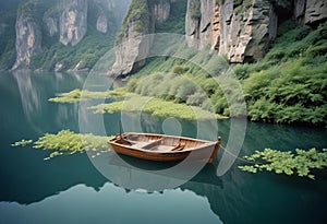 Tranquil Escape: A Wooden Boat Floating in Serene Waters Surrounded by Majestic Cliffs and Lush Greenery photo