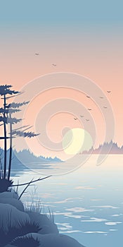 Tranquil Estuary: Minimalistic Autumn Sunset Illustration For Mobile Wallpaper