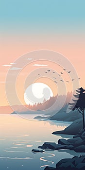 Tranquil Estuary: Minimalistic Illustration Of Sunset Over Ocean