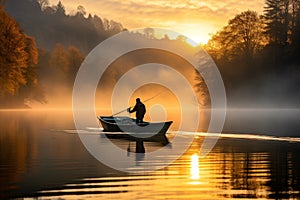 Tranquil fisherman on misty lake at dawn, navigating boat and casting rod for morning catch