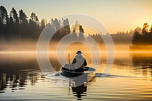 Tranquil fisherman skilfully navigating boat on misty lake at dawn, holding fishing rod