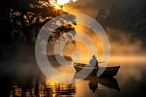 Tranquil fisherman skillfully navigating boat on misty lake at dawn, capturing the serene atmosphere