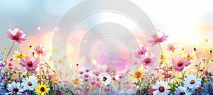 Tranquil floral meadow white and pink daisies, yellow dandelions at sunset, dreamy pastel sky.