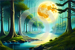 tranquil forest awakens beneath the glow of a full moon