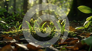 A tranquil forest with dense greenery and golden sunlight streaming through the canopy