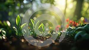 A tranquil forest with dense greenery and golden sunlight streaming through the canopy