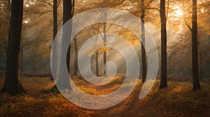 A tranquil forest at dusk, where the amber glow of the setting sun filters through rustling leaves