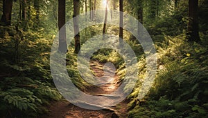 Tranquil forest footpath leads through the green wilderness of nature generated by AI
