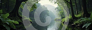 Tranquil forest landscape with river in background, Amazonia, forest