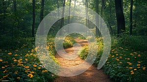 A Tranquil Forest Path with Wildflowers and Soft Sunlight