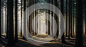 Sunlit Forest Path Tall Pine Trees and Dappled Sunlight