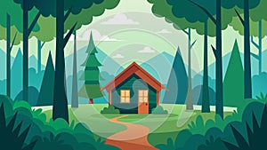A tranquil forest with a small cabin symbolizing the inner peace and contentment achieved through practicing stoicism photo