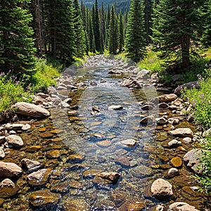 A tranquil forest stream flows over smooth rocks, bordered by lush greenery and a