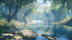 Tranquil Forest Stream with a Waterfall