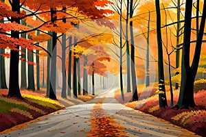 A tranquil forest trail in fall, where the trees create a vibrant canopy overhead, and the forest floor is a sea of fallen leaves