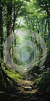 Tranquil Forest Trail: A Hyper-realistic Painting Of Serene Beauty