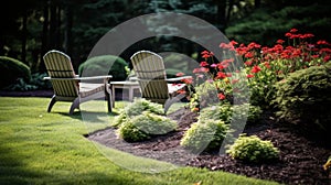 Tranquil garden with lush grass, blooming flowers, and cozy patio chairs under a clear blue sky