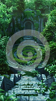 A tranquil garden with a maze centering on a quest that navigates through serenity to uncover a hidden revelation