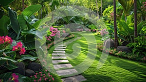 A tranquil garden oasis, with lush foliage, winding pathways, and blooming flowers in every shade imaginable