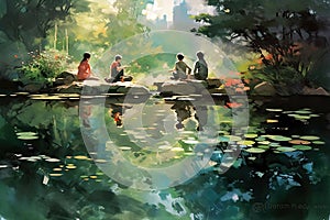 A tranquil garden pond watercolor illustration - Generative AI.