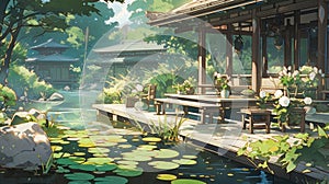 A tranquil garden with a serene pond, koi fish swimming, and a traditional Japanese tea house manga cartoon style by AI generated