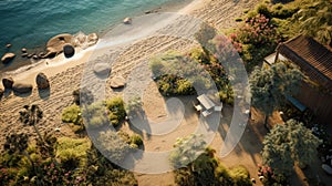 Tranquil Gardenscapes: A Hyper-realistic Aerial View Of A Beach