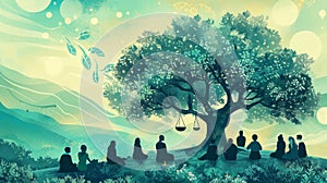 Tranquil Gathering Under Tree of Harmony Illustration