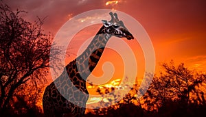 Tranquil giraffe silhouette standing in the beauty of African sunset generated by AI