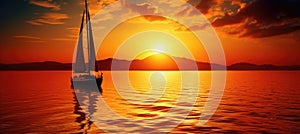 Tranquil Golden Sunset Over Ocean with Sailboat on Horizon, Emphasizing Grandeur and Serenity