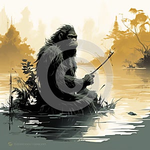 Tranquil Gorilla Fishing: Spatial Concept Art In Golden Age Style