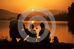 Tranquil Grandfather grandson fishing sunset. Generate Ai