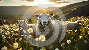 Tranquil Grazing: Serene Sheep on Lush Hillside