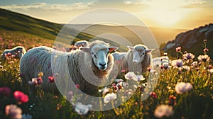 Tranquil Grazing: Serene Sheep on Lush Hillside