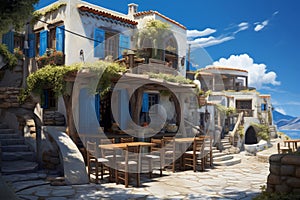 Tranquil Greek tavern near sea. Generate Ai