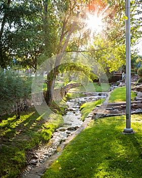 Tranquil Green Nature: Sunlight and Stream in a Park